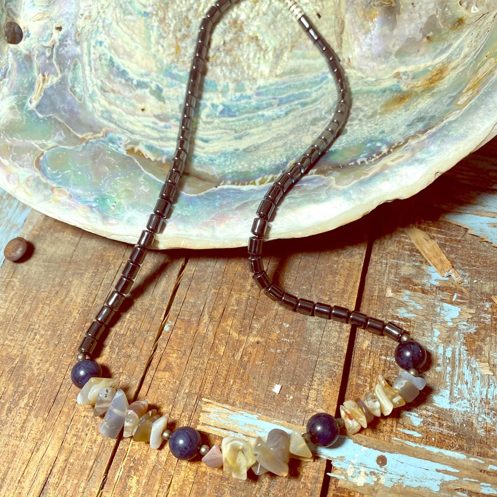 Boho Hematite, Lapis and Quartz Necklace